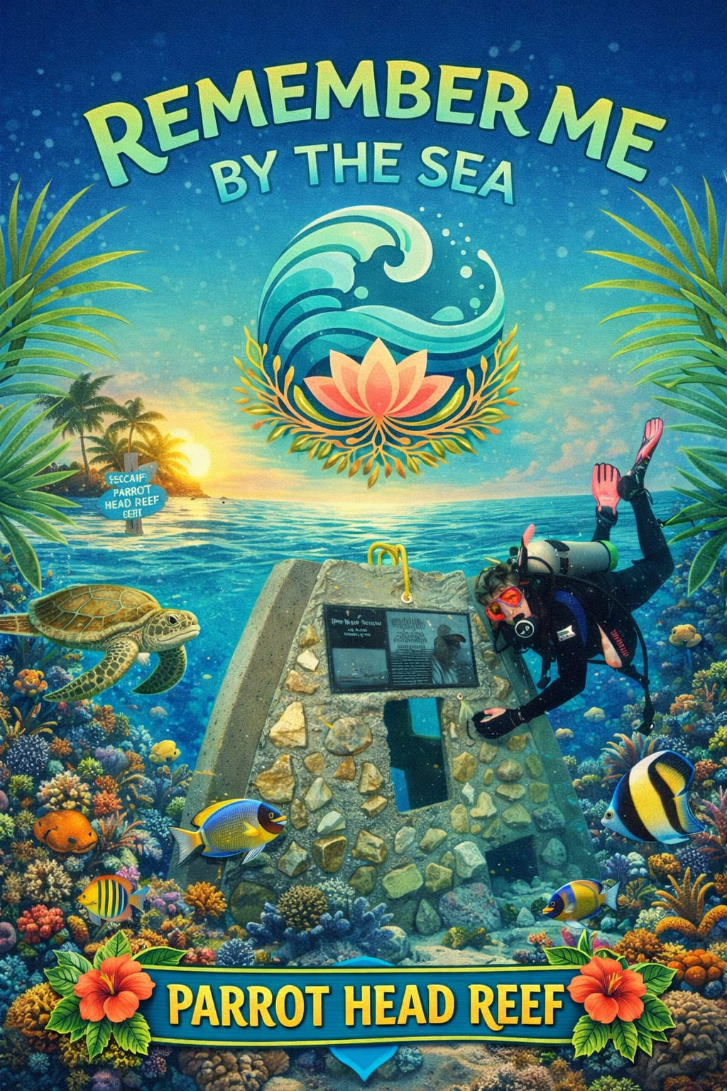Remember Me By The Sea - Parrot Head Reef memorial poster featuring a scuba diver at an underwater memorial reef