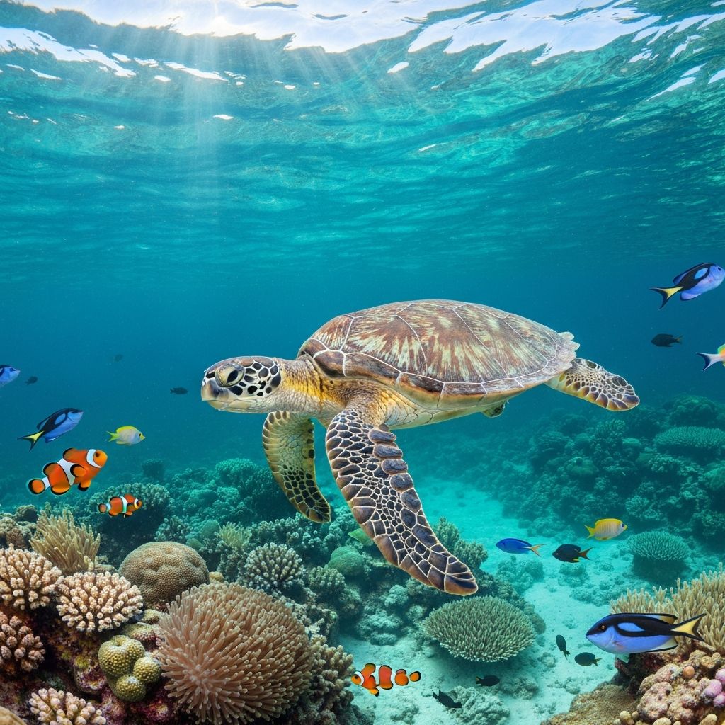 Sea turtle swimming near a reef